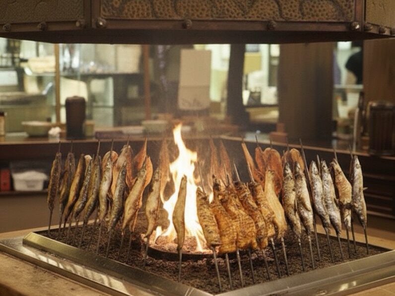 Skewered fish roasting upright around the open grilling hearth at Okajoki