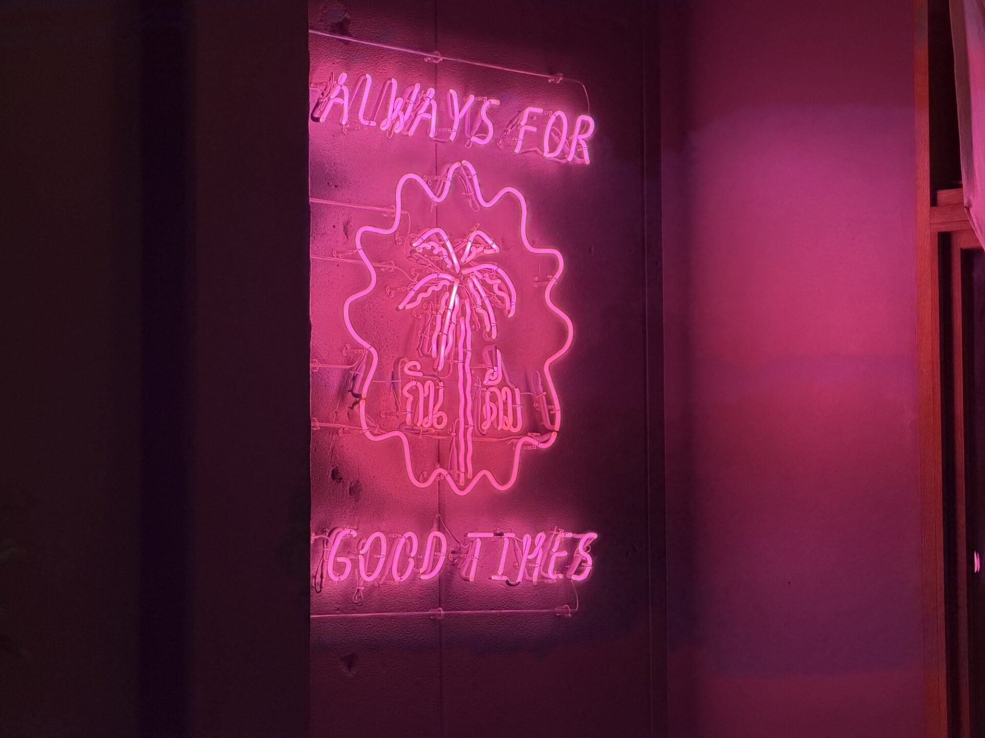 The pink 'Always for Good Times' neon on LOU's concrete wall